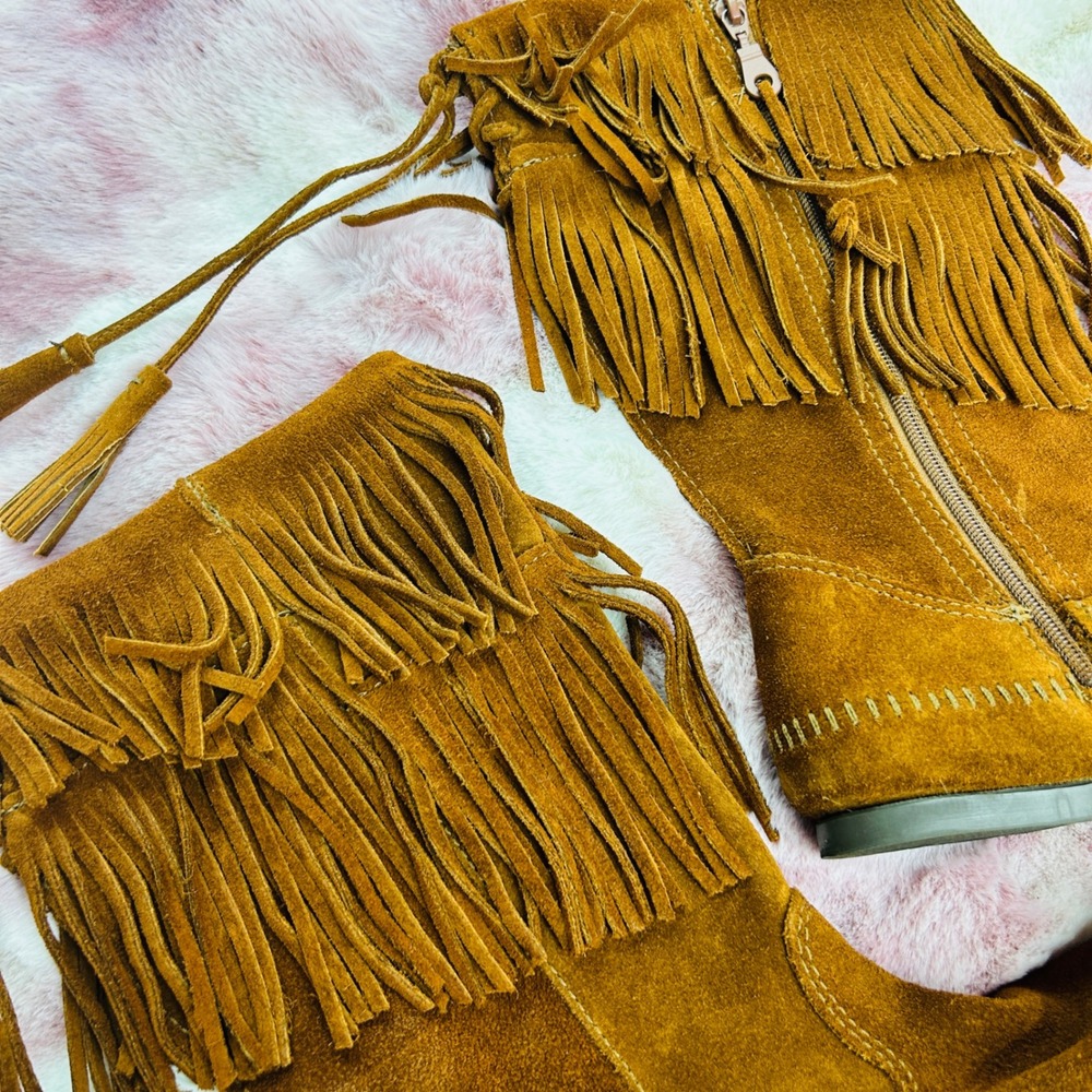 Minnetonka NWOT 2-Layer Fringe Boots Brown Hippie Boho Western‎ Rocker Women 7 - Picture 2 of 6